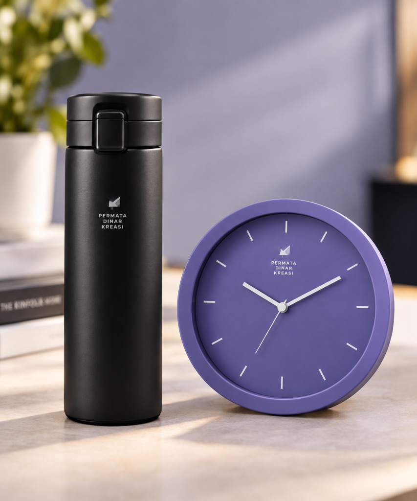 tumbler jam dinding permata dinar kreasi, Cetak kalender, cetak brochure, cetak flyer, produksi merchandise, keperluan event